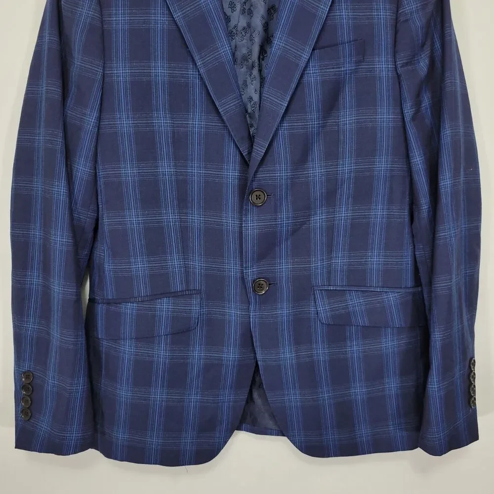 Psycho‎ Bunny Men's Sport Coat Blazer Two Button Navy Blue Plaid Wool Size 36S